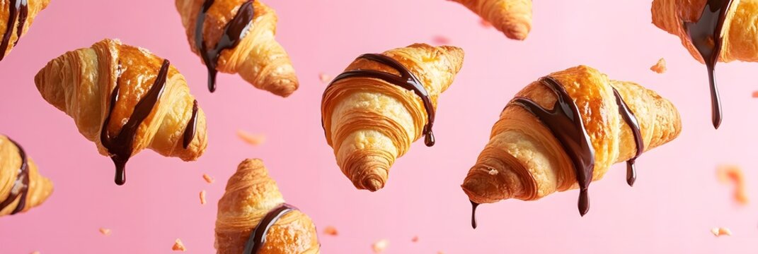 Floating golden croissants with chocolate drizzle