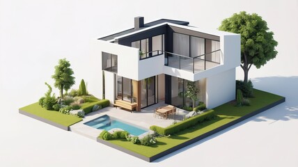 Fototapeta premium A small modern minimalist house isometric perspective,&nbsp;3D model miniature