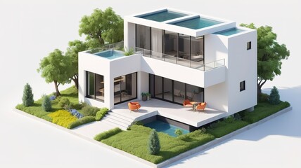 A small modern minimalist house isometric perspective, 3D model miniature
