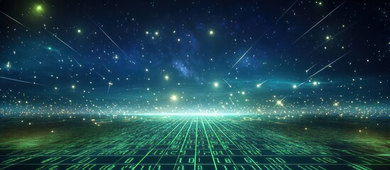 A cosmic digital environment with floating binary code and shimmering light particles, set against a midnight blue sky with scattered stars