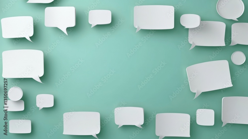 Poster white speech bubbles arranged on a teal background, creating a frame for text or message. the bubble