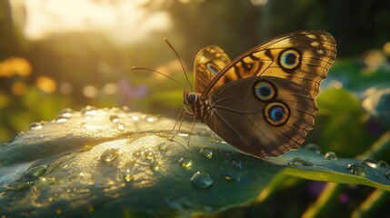 Fototapeta premium Colorful Butterfly Resting on Dewy Leaf with Sunlight Streaming Through Garden in Early Morning