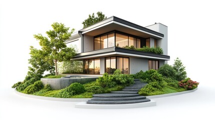 Modern luxury house with landscaped garden and infinity pool, isolated on white background.