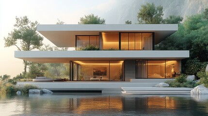 Fototapeta premium Modern luxury house with infinity pool, nestled in a lush green landscape at sunset.