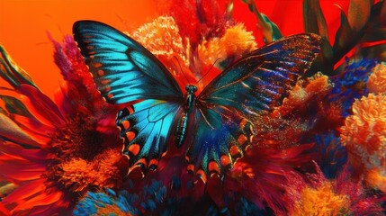Colorful Butterfly Perched on Vibrant Flowers Against a Bright Orange Background