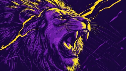 A fierce lion roaring with vibrant purple and yellow colors, surrounded by abstract lightning effects