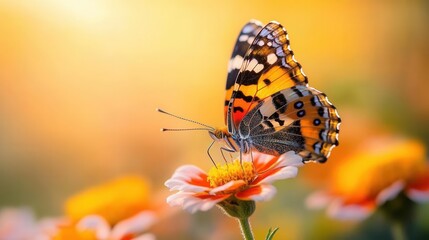 Obraz premium Colorful Butterfly Sitting on Flower Petal in a Sunlit Garden During Spring Season