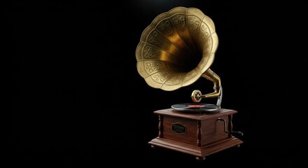Classic Gramophone on Black Background: Vintage Music Player and Antique Decor for Retro Lovers