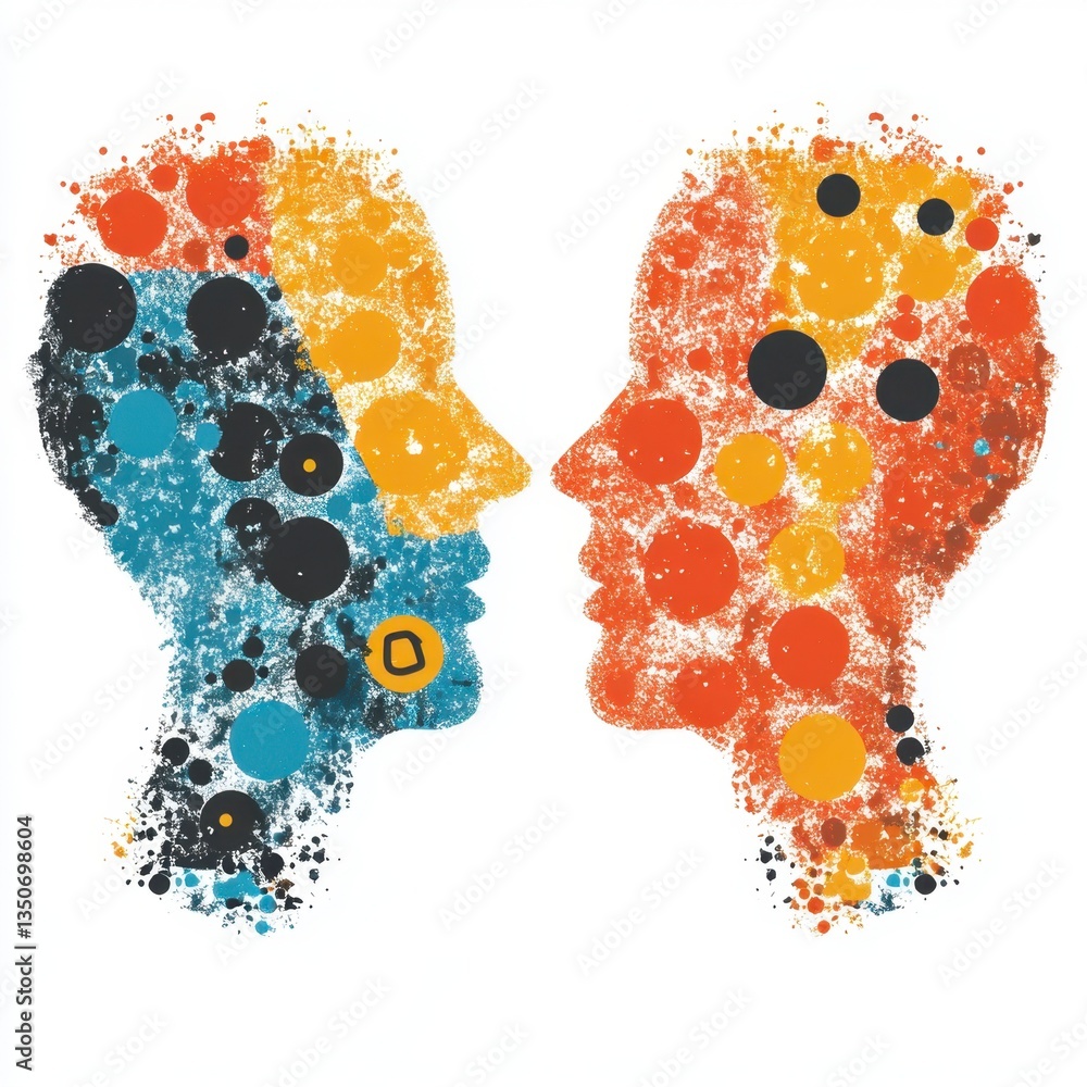 Poster abstract illustration of two faces composed of colorful dots and splatters on a white background. th