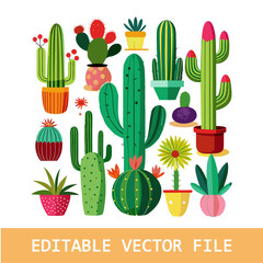 Cartoon prickly succulent cactus plants and desert flowers. Isolated vector green cacti plants of aloe, agave and opuntia with blossom flowers, prickly saguaro or peyote and tropical cactus