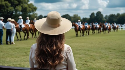 Elegant woman in a wide-brimmed hat watching a prestigious equestrian polo match, capturing the essence of sophistication, luxury, and high-society sportsmanship in an outdoor setting.

