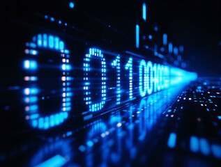 Digital binary code in blue shades forming a glowing data stream on a futuristic background, representing technology, data transfer, and cyber science. Ai generative