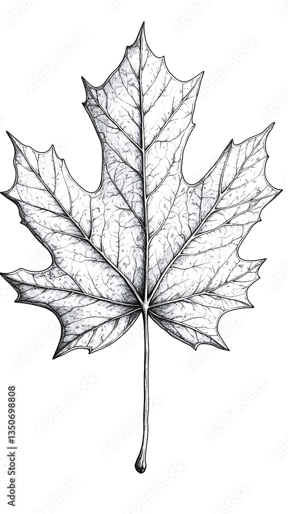 Poster detailed depiction of a single maple leaf with intricate vein patterns in black and white style