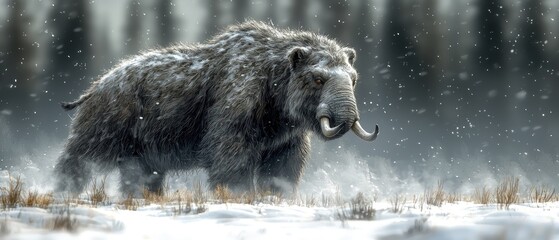 A large, furry creature resembling a prehistoric bear walks through a snowy landscape.