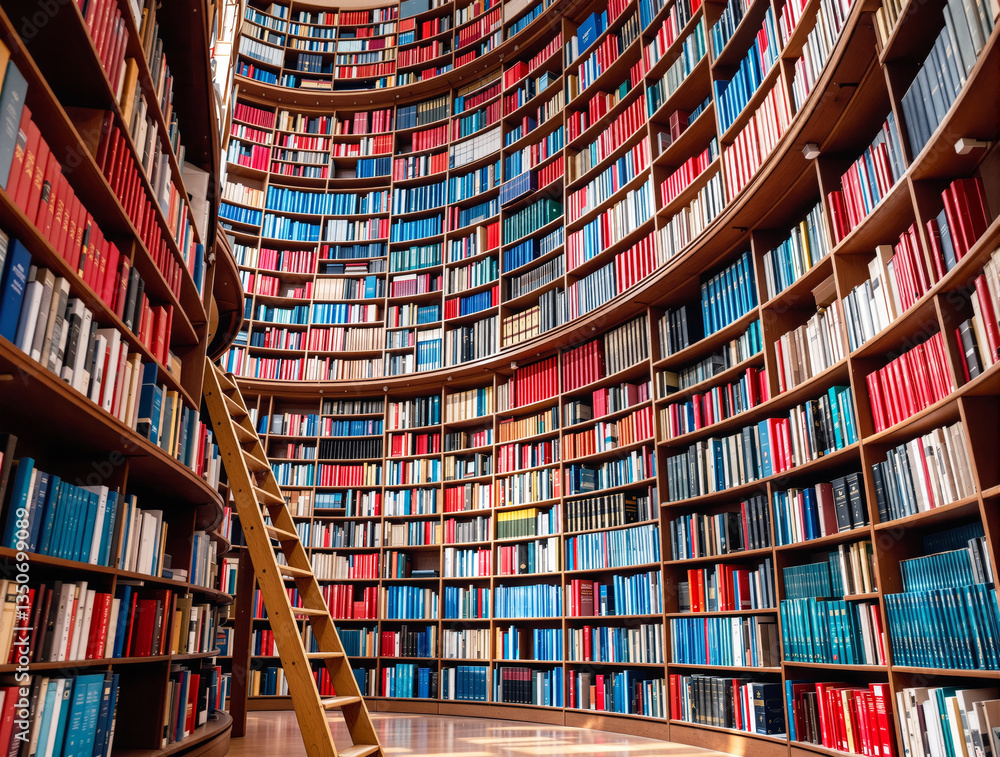 Poster expansive library with towering curved bookshelves packed with colorful books and a wooden ladder fo