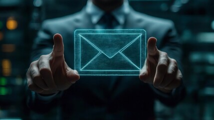 Close up of a man in a dark suit holding a glowing digital email icon between his hands against a dark blurred background.