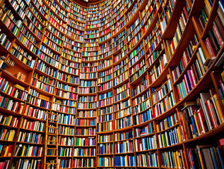 Large curved bookshelf packed with colorful books in a grand library. Wooden shelves create an immersive academic atmosphere. Knowledge and education concept. Ai generative