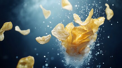 Crispy potato chips suspended in mid air with vinegar splash