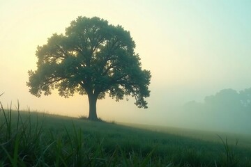 Fototapeta premium Single tree seen through misty veil of morning dew, solitude, calm