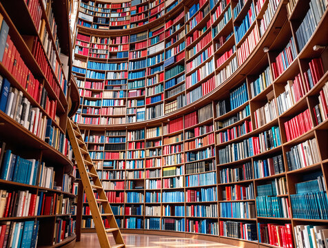 Expansive library with towering curved bookshelves packed with colorful books and a wooden ladder for access. Warm lighting enhances the scholarly atmosphere. Ai generative