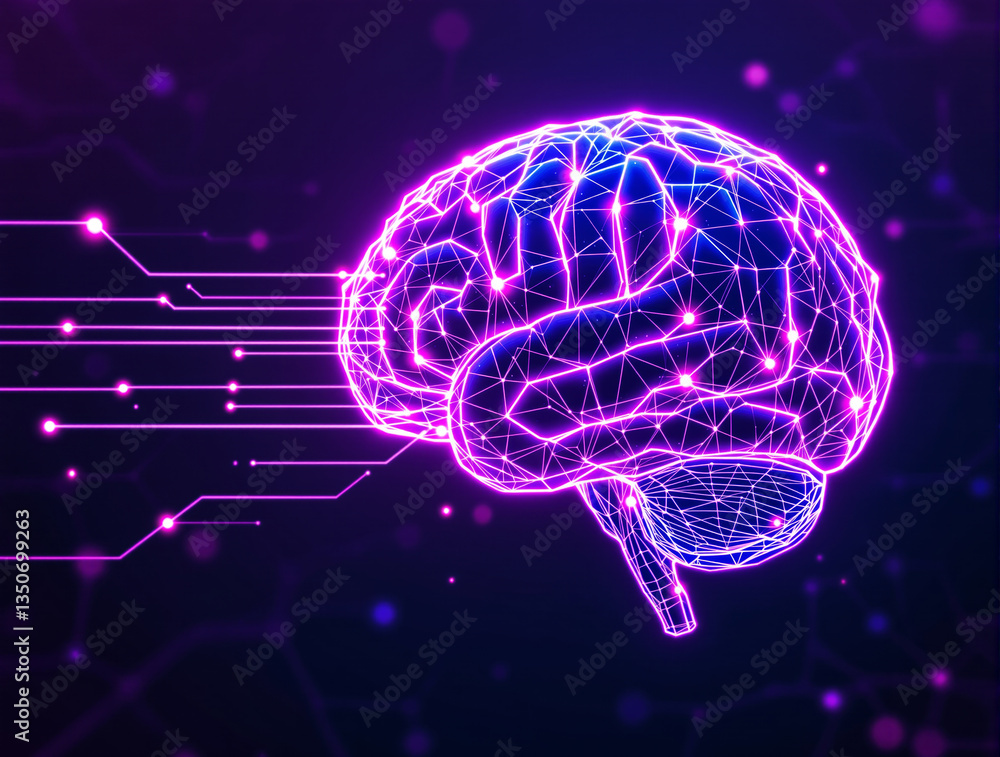 Poster abstract futuristic neon brain with glowing digital connections on a dark background. concept of art