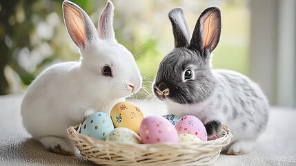 Two adorable bunnies with Easter colored eggs