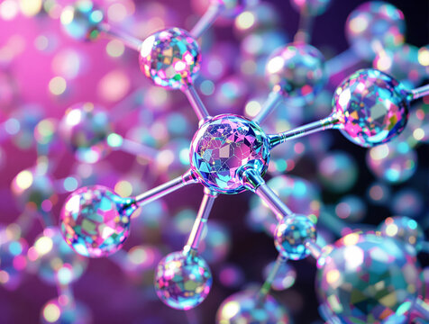 Abstract molecular structure with colorful spheres and metallic rods on a vibrant purple background. Futuristic science and technology concept. Ai generative