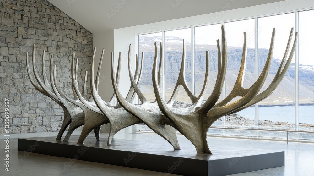 Aufkleber modern metallic sculpture resembling antlers displayed in a minimalist gallery with a scenic view.