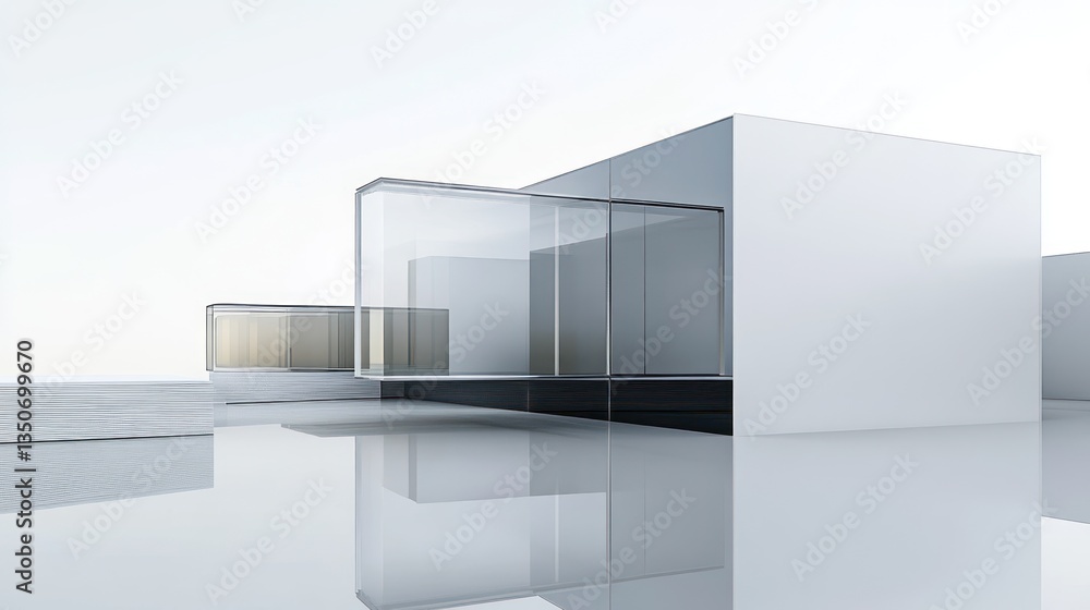 Poster modern minimalist architecture rendering showcasing a sleek, glass-fronted building with clean lines