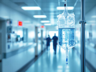 IV drip bag with clear liquid on stand in hospital corridor, blurred medical staff walking in background. Medical care and healthcare concept. Ai generative