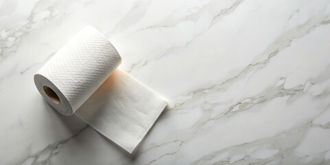 Fototapeta premium Luxury Toilet Paper Flat Lay, Marble Background, High Depth of Field, Organic, Diagonal Composition, Copy Space