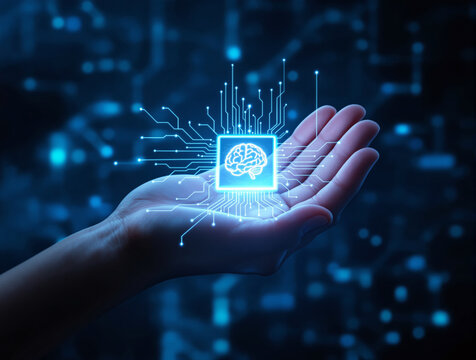 A human hand holding a glowing AI microchip with a brain icon, symbolizing artificial intelligence and technology, on a futuristic digital background. Ai generative