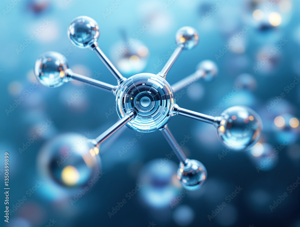 Poster abstract molecular structure with metallic and glass elements in a blue-toned background. concept of