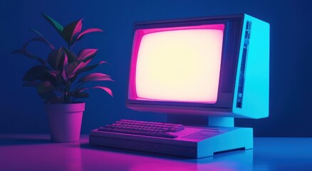 A vintage computer and plant illuminated with bright neon lighting