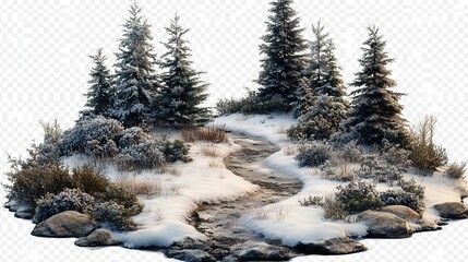 Snow covered evergreens and a stream wind through the landscape