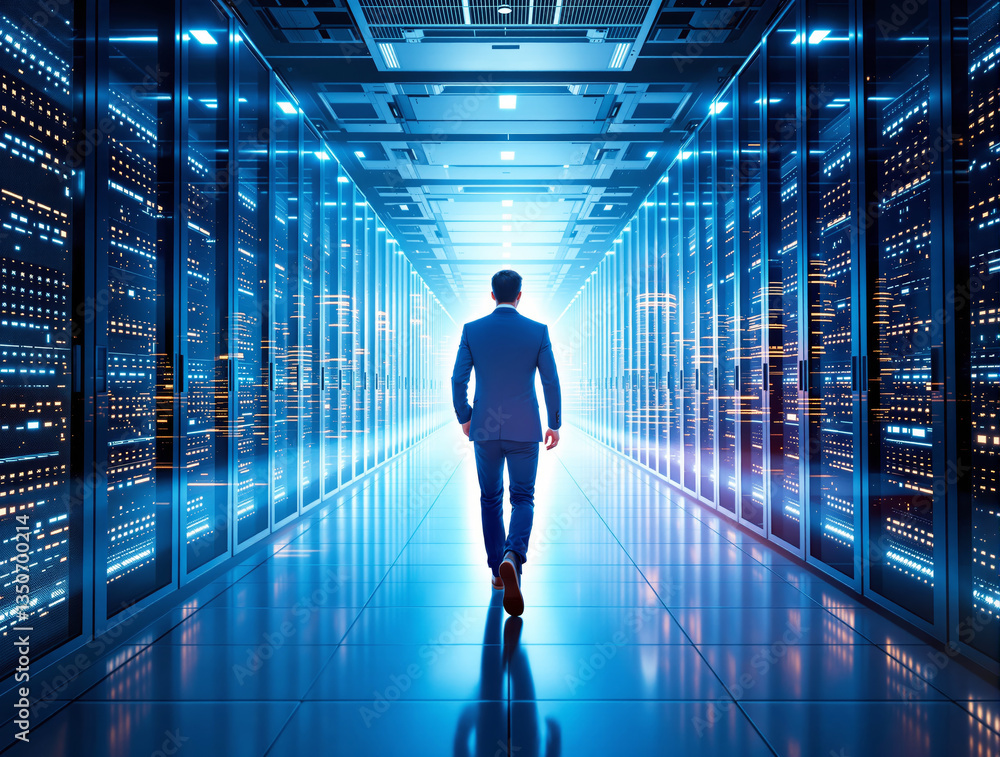 Poster businessman in suit walking through a futuristic data center corridor with illuminated server racks 