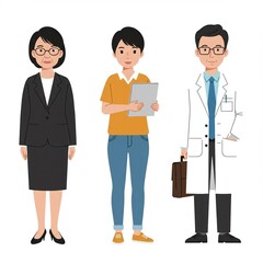 Professional Character Set Illustration: Businesswoman, Student, Doctor in Modern Attire for Career Guidance and Educational Use