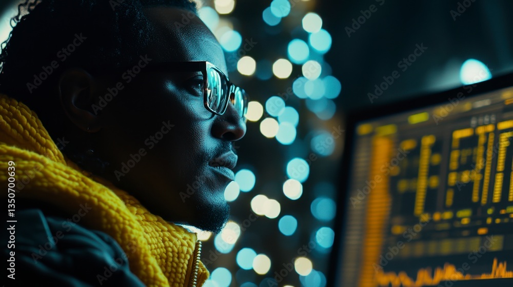 Poster close up profile view of a man wearing glasses and a yellow scarf, looking intently at a computer sc