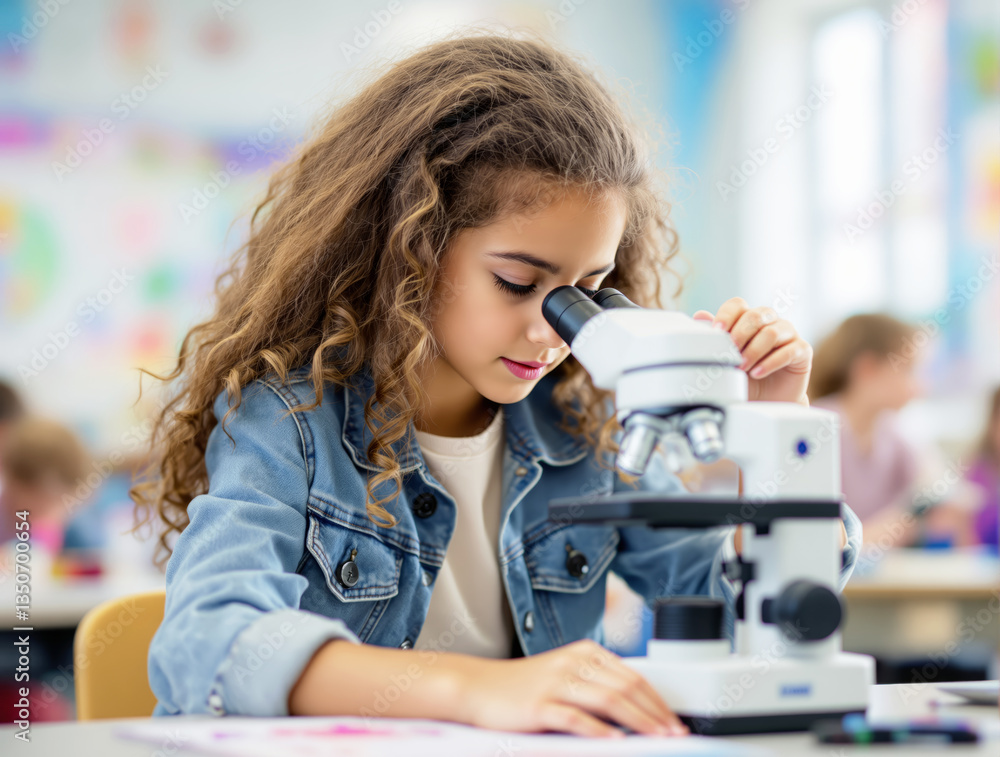 Poster curious girl in denim jacket using microscope in school classroom. blurred background with students.