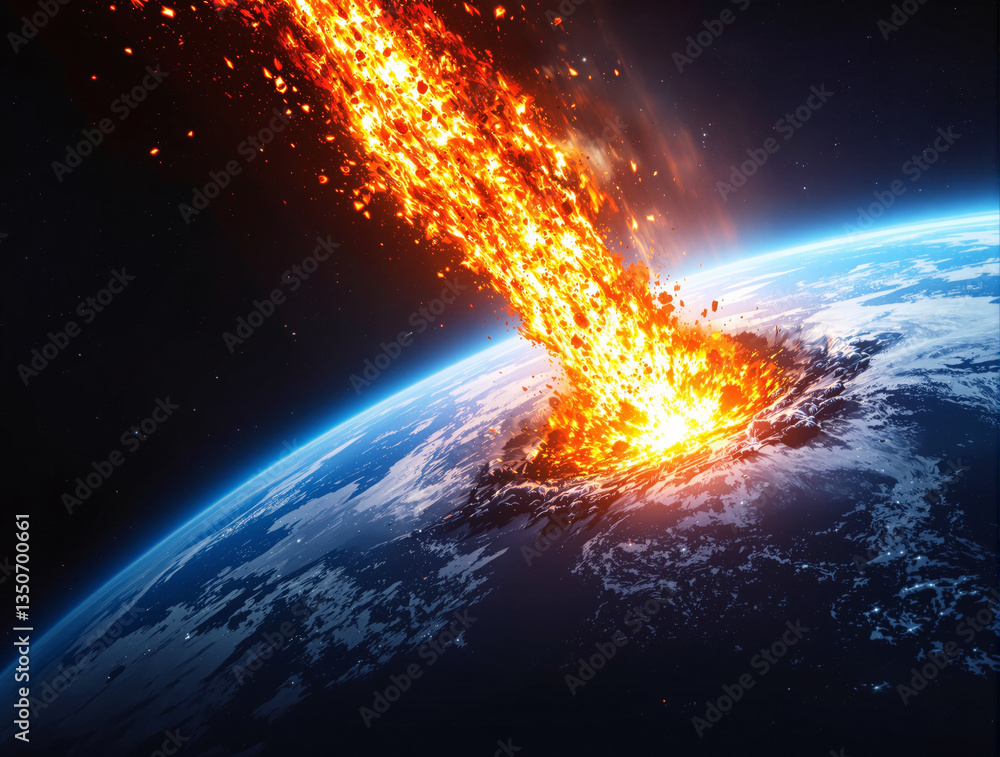 Poster massive asteroid collides with earth, creating a fiery explosion and shockwave. cosmic background wi