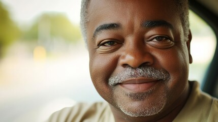 Confident truck driver smiles warmly, embodying professionalism and trust on the open road.
