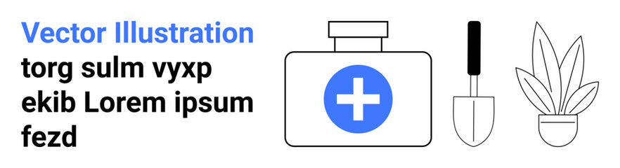 First-aid kit with medical cross symbol, gardening trowel, and potted plant. Ideal for health, gardening, self-care, sustainability, emergency aid, wellness and eco-friendly flat landing page banner