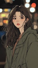 Fototapeta premium 밤거리의 조명을 배경으로 한 여성 초상화 AI 생성