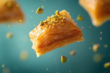 Floating layers of crisp golden baklava with crushed pistachios