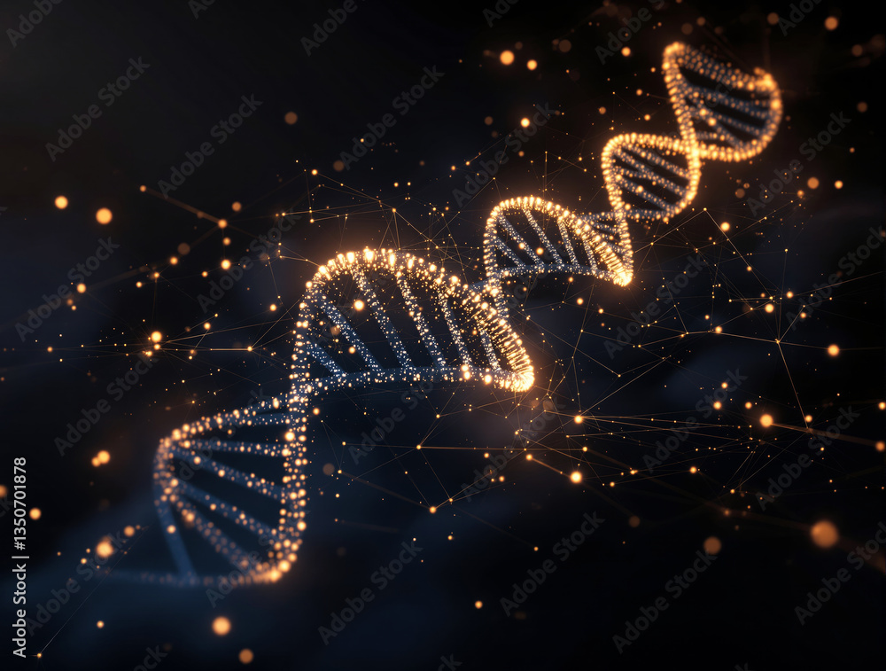 Aufkleber abstract glowing dna strand made of digital particles with interconnected nodes on a dark background
