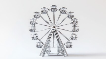 A detailed view of a silver Ferris wheel model with intricate design and empty cabins against a plain background