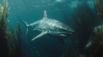 Fototapeta premium Great White Shark Swimming Gracefully Among Kelp Forests in Pristine Ocean Waters