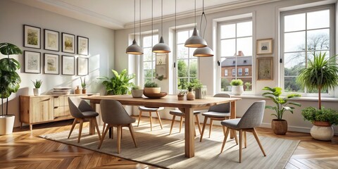 Minimalist Scandinavian Dining Room Design with Clean Lines, Natural Light, and Earthy Tones for Modern Home Aesthetics