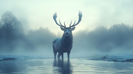 A majestic stag stands in a misty landscape, creating a serene atmosphere.
