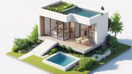 Fototapeta premium A small modern minimalist house isometric perspective,&nbsp;3D model miniature